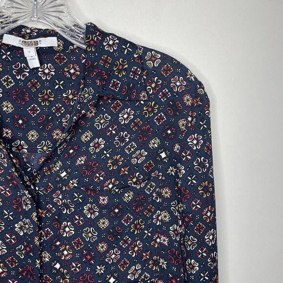 DEREK LAM 10 Crosby Top Womens 0 Black Red Print Button Up Blouse 100% Silk - Picture 2 of 8